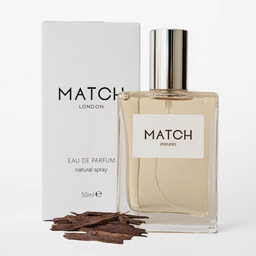 Match Perfume bottle and packaging on a white background