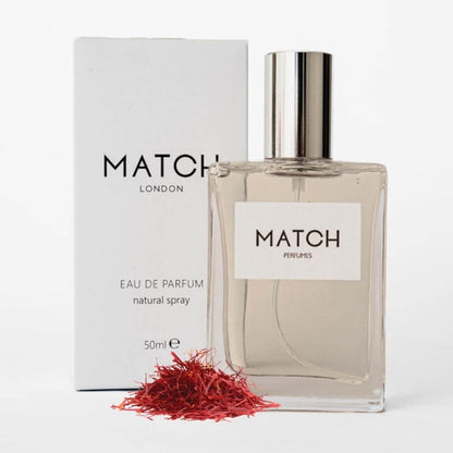 Match Perfume bottle and packaging on a white background