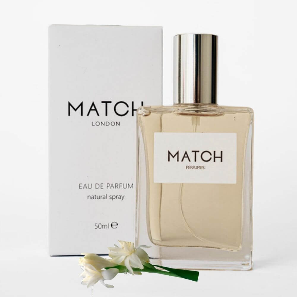 Match Perfume bottle and packaging on a white background