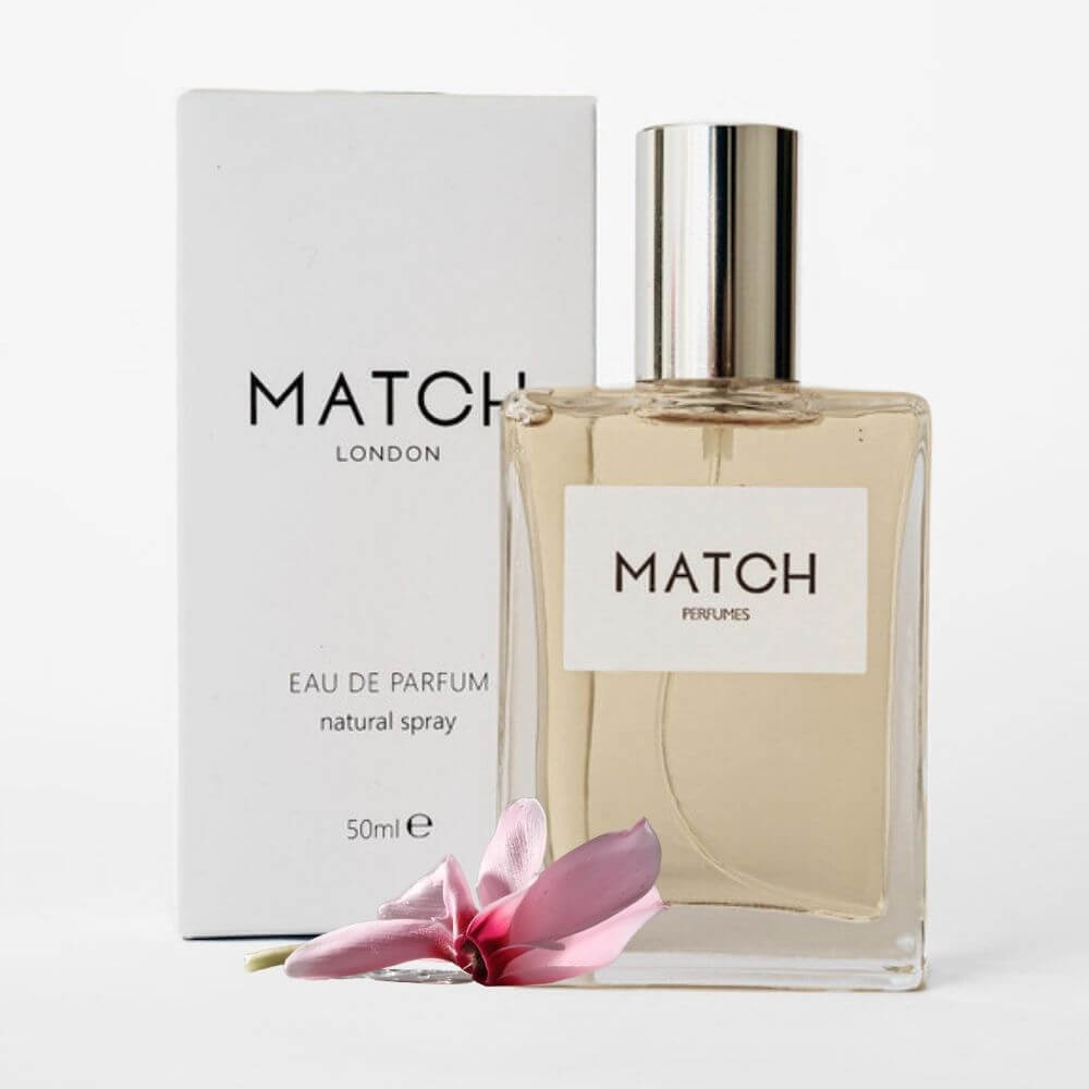Match Perfume bottle and packaging on a white background