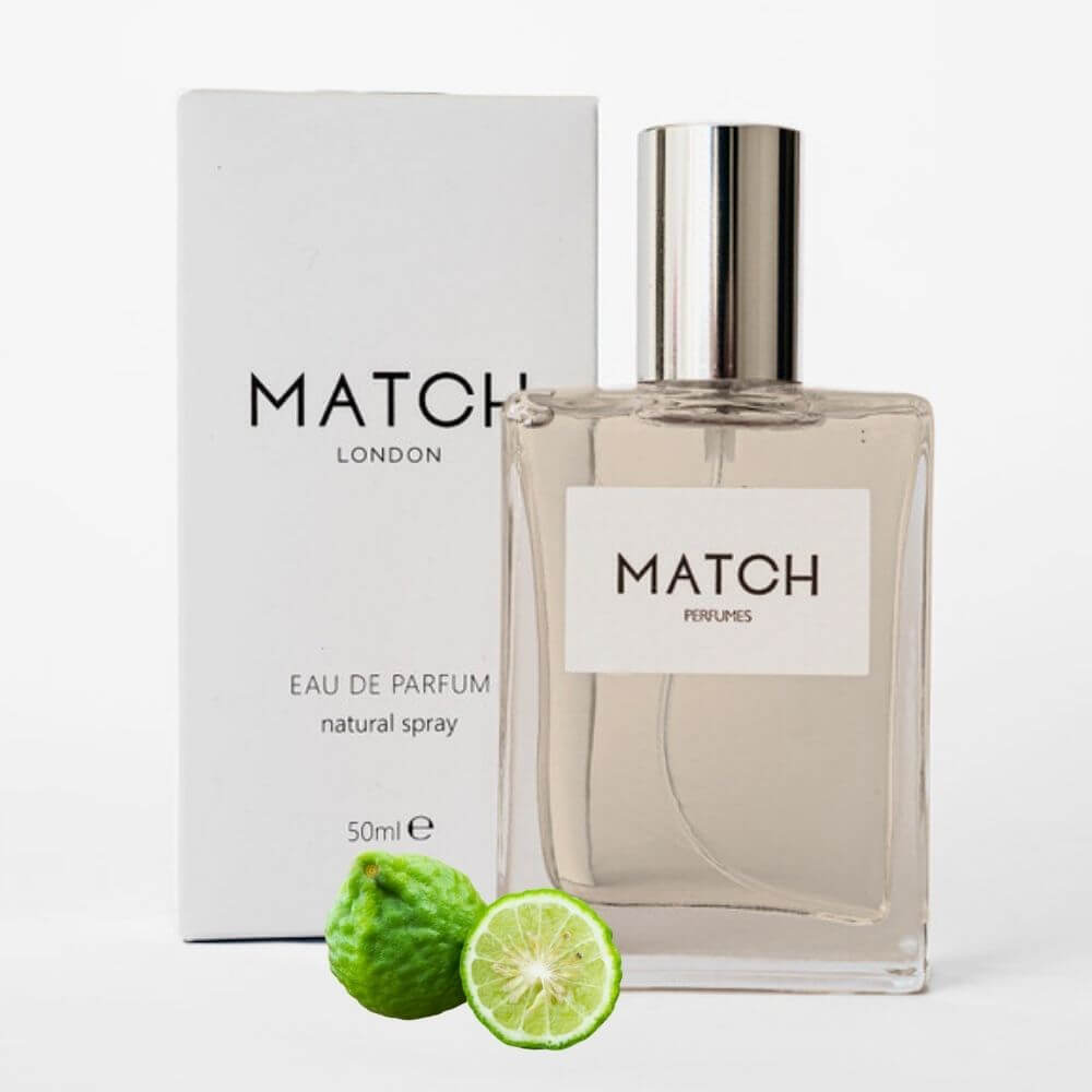Match Perfume bottle and packaging on a white background