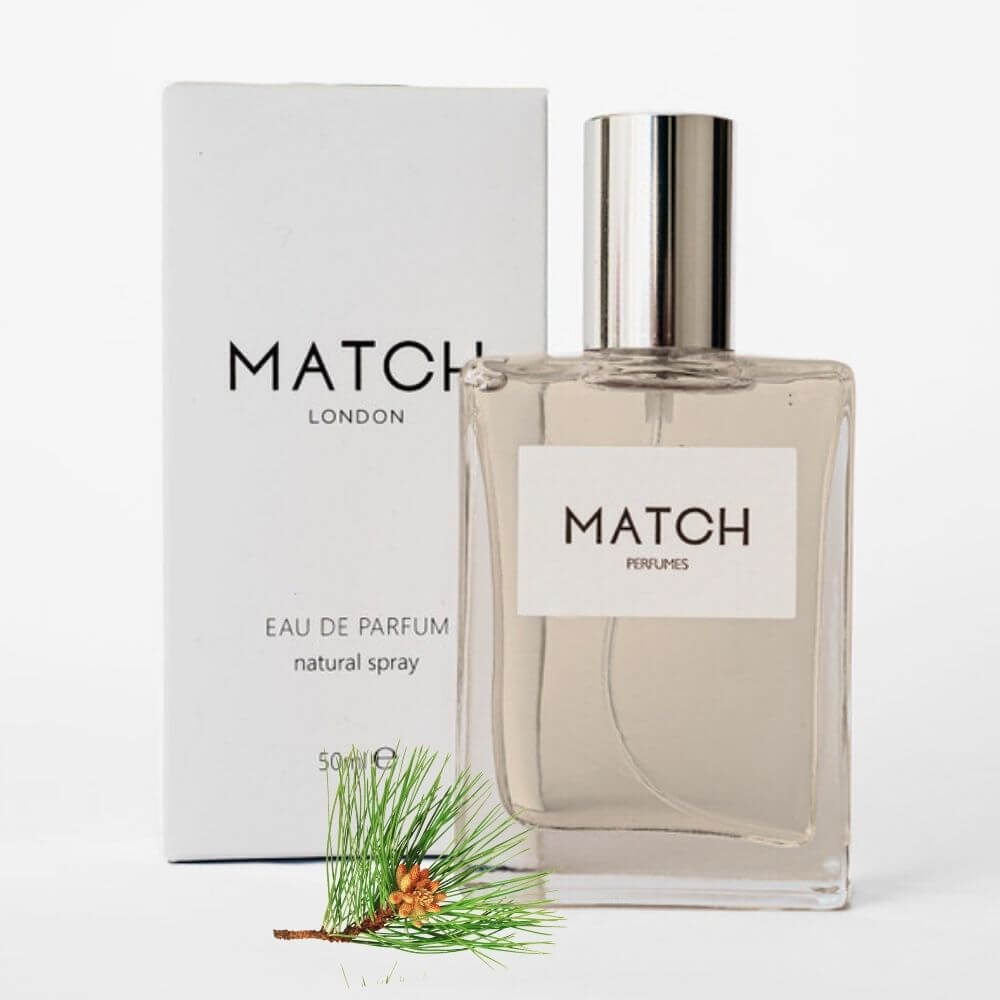 Match Perfume bottle and packaging on a white background