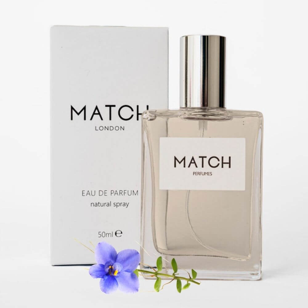 Match Perfume bottle and packaging on a white background