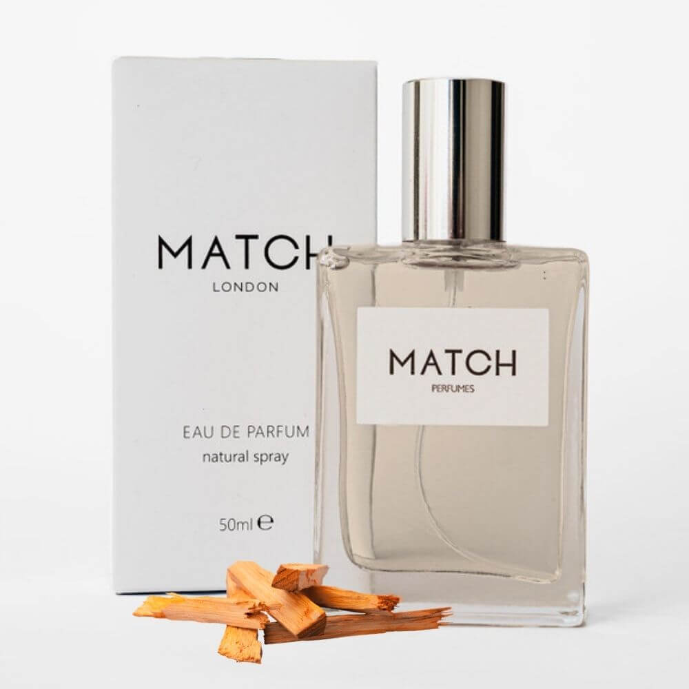 Match Perfume bottle and packaging on a white background