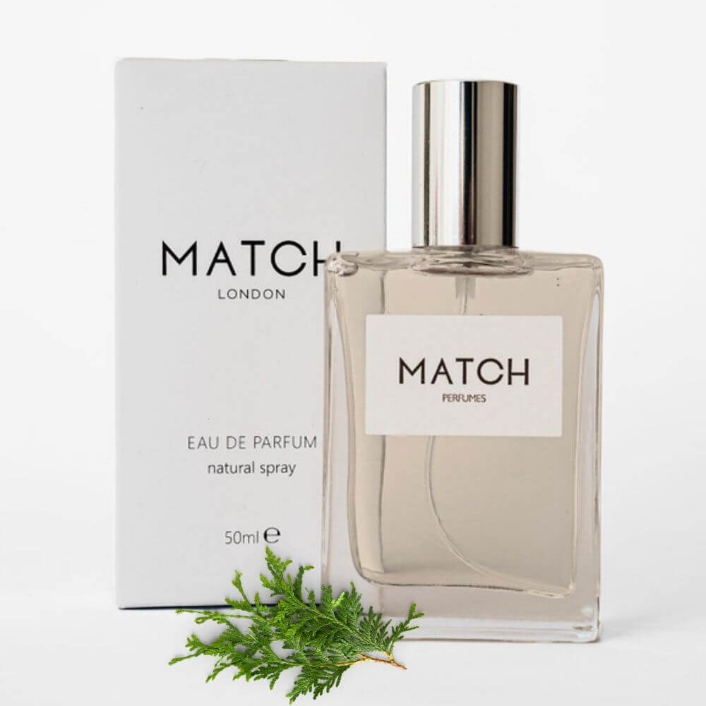 Match Perfume bottle and packaging on a white background